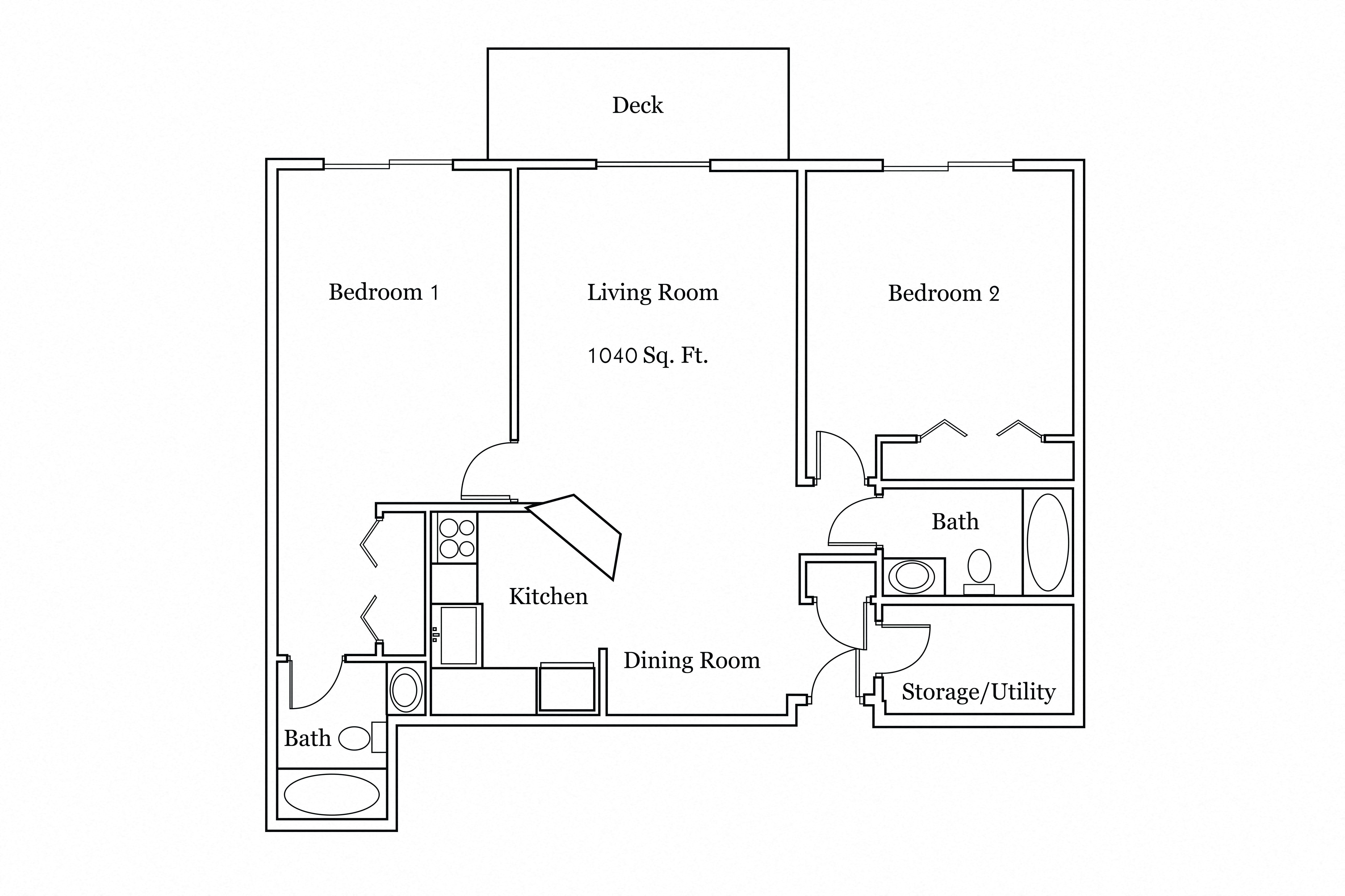 Floor plan for 2 beds, 2 baths, 1040 sqft